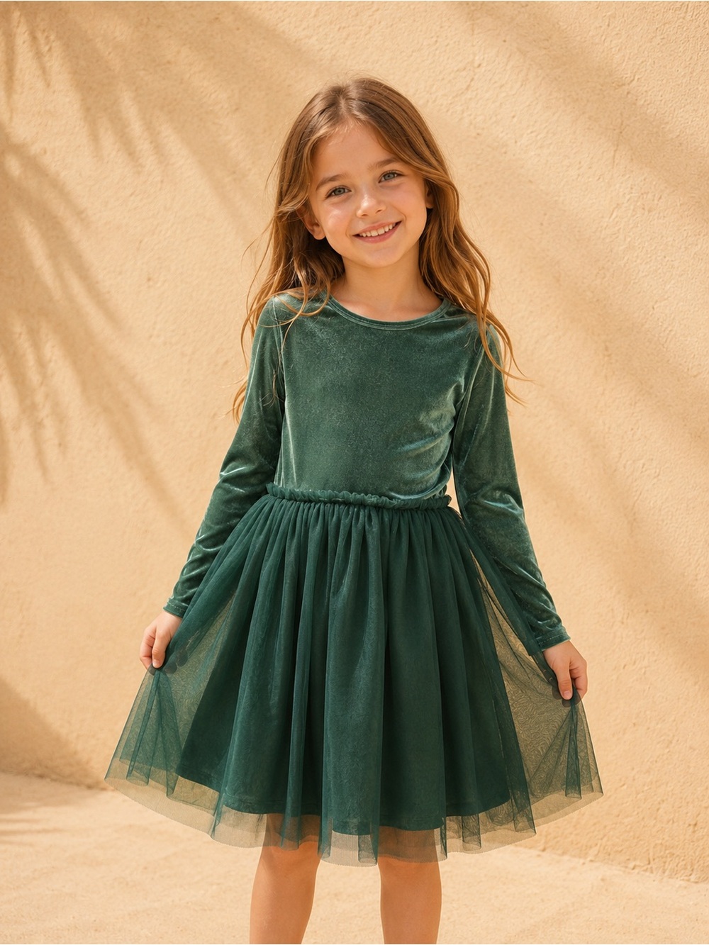 wonder nation Green Velvet & Tulle Long-Sleeve Dress